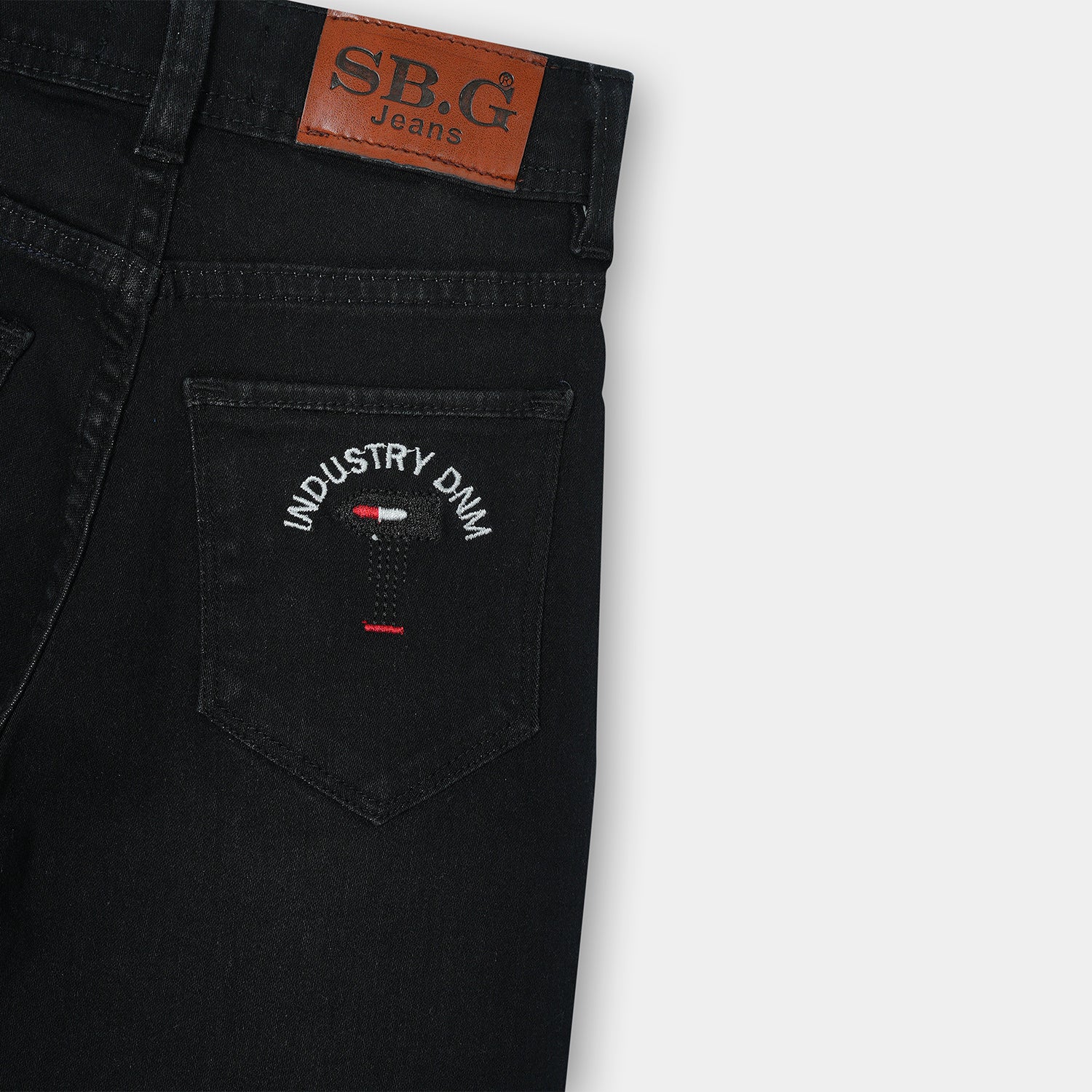 Black denim jeans with embroidered pocket for boys
