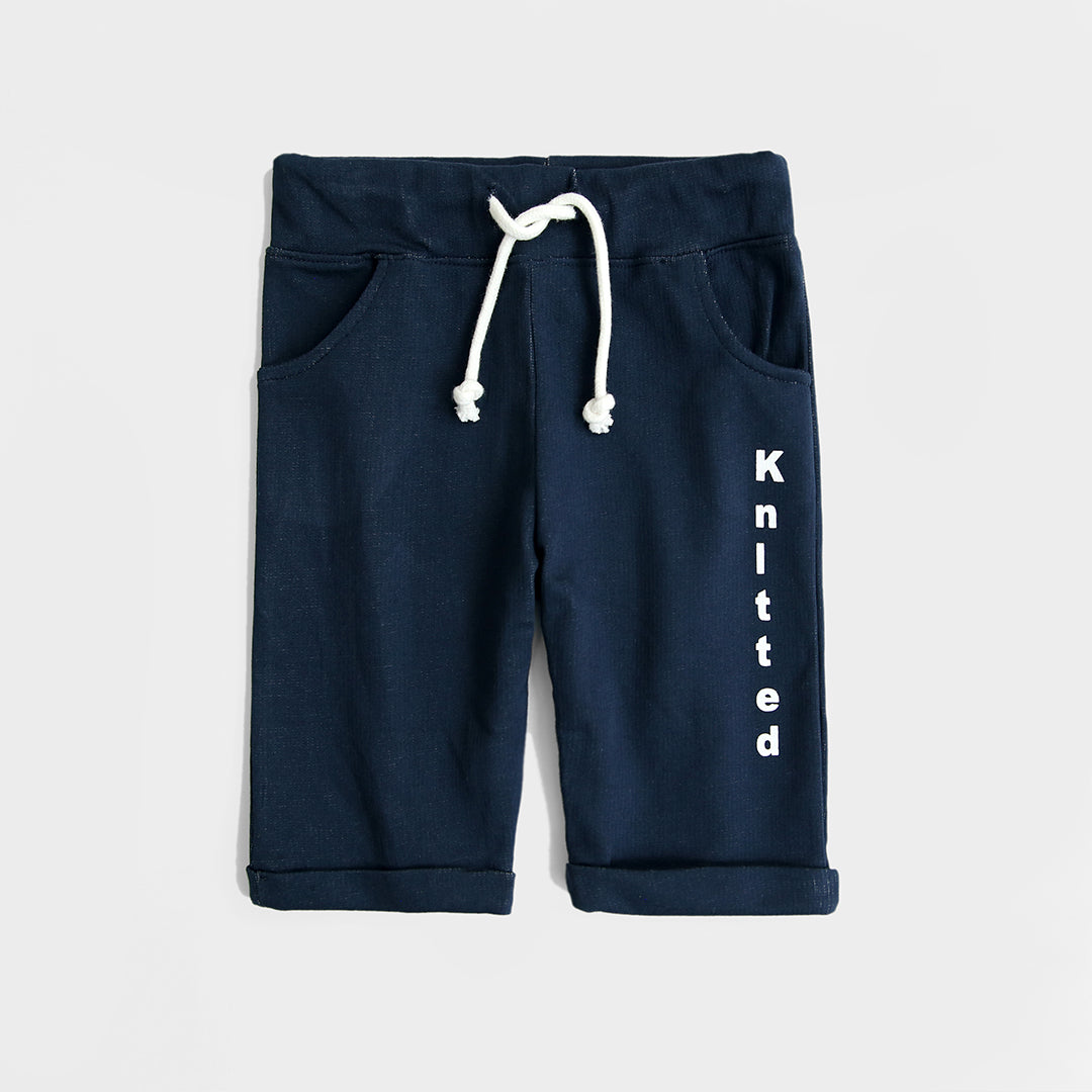 Navy Blue Knitted Printed Shorts For Kids